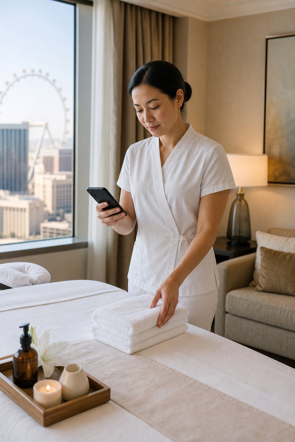 Therapist preparing for a Las Vegas hotel room massage appointment