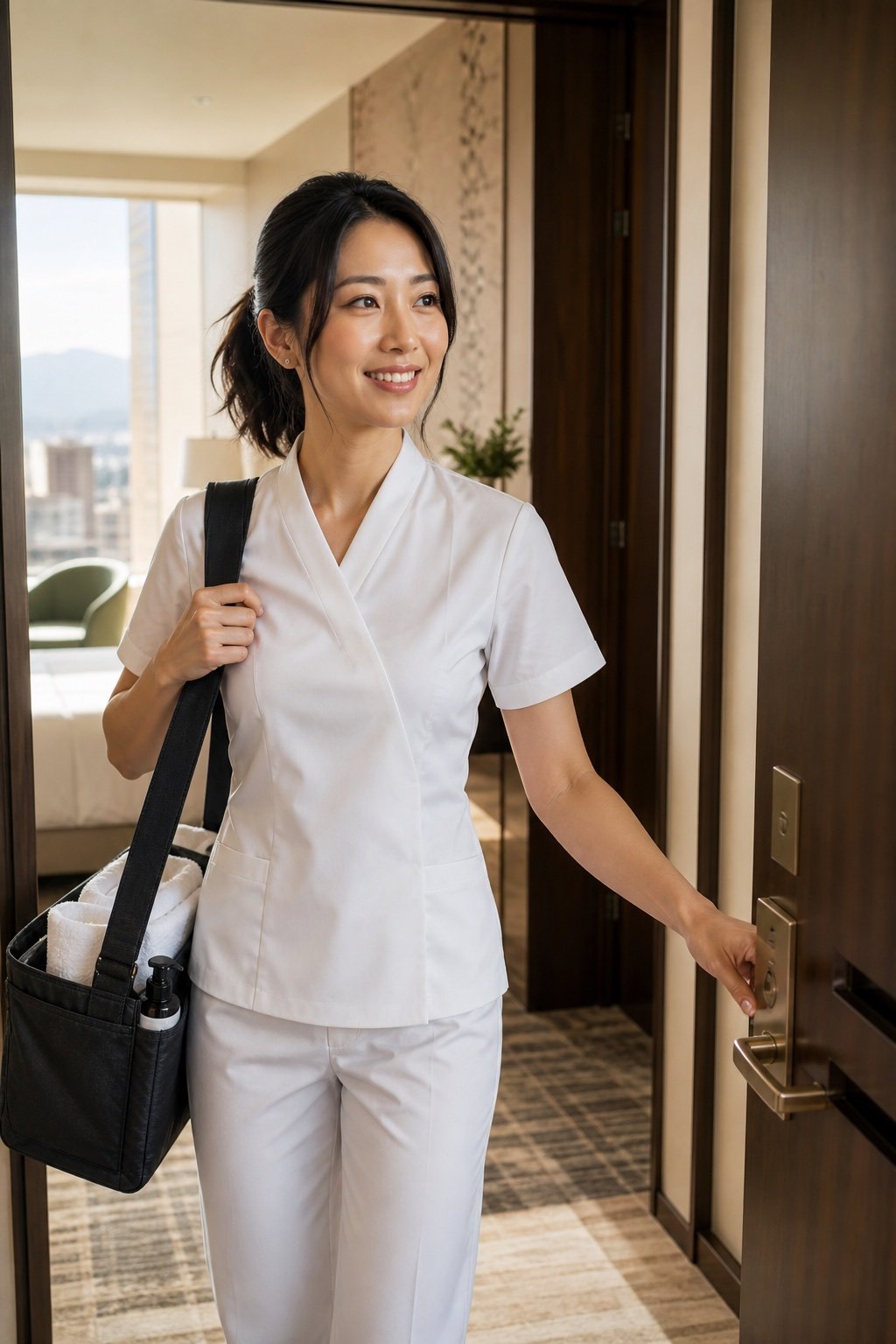 Professional mobile massage therapist arriving at a Las Vegas hotel room